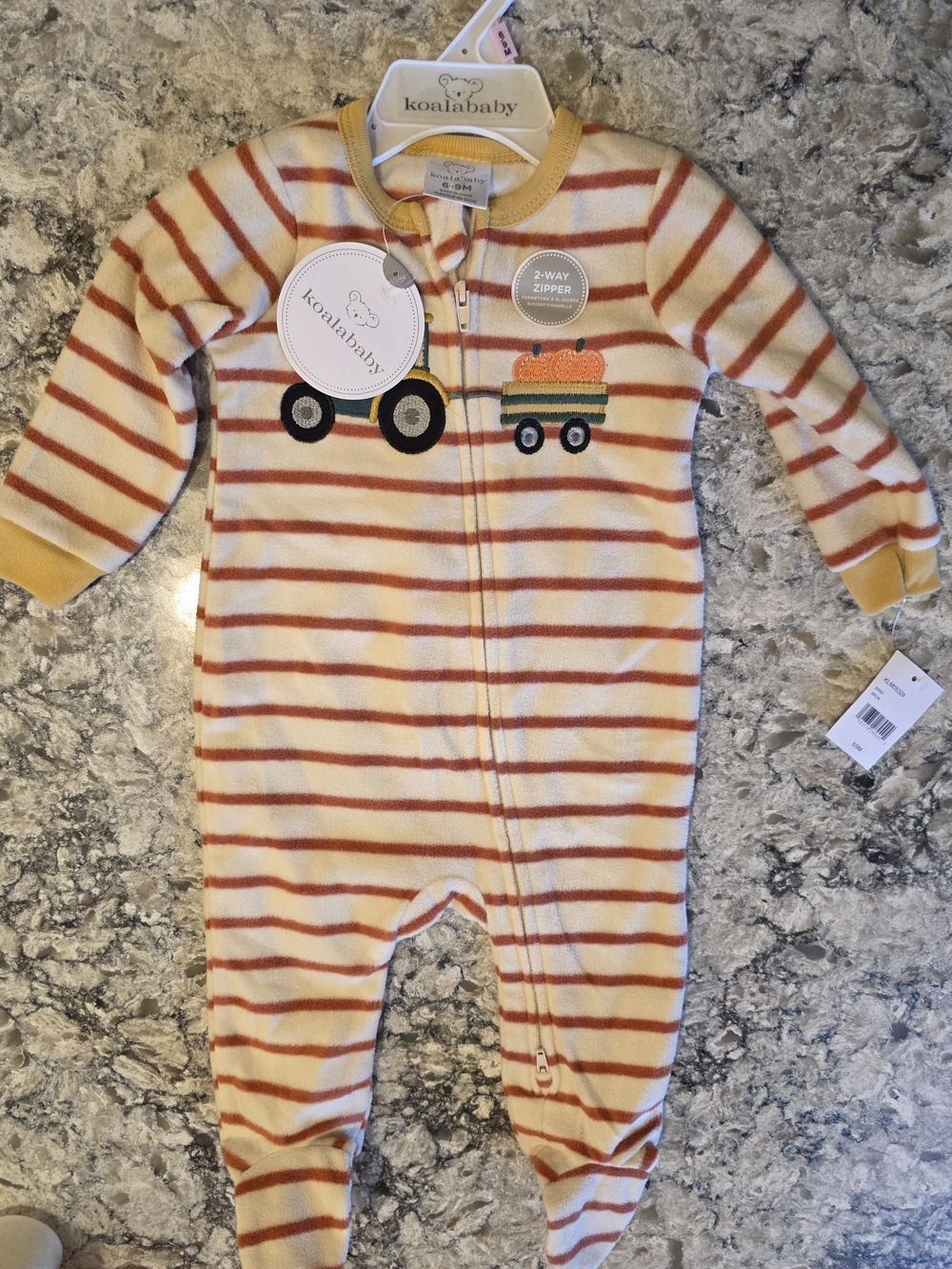 NWT 6-9M Koalababy Kids Cream and Orange Striped Fleece Footie Pjs